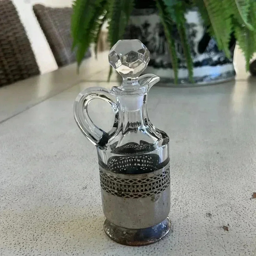Vintage glass cruet pitcher with silver decor - Picture 1 of 8